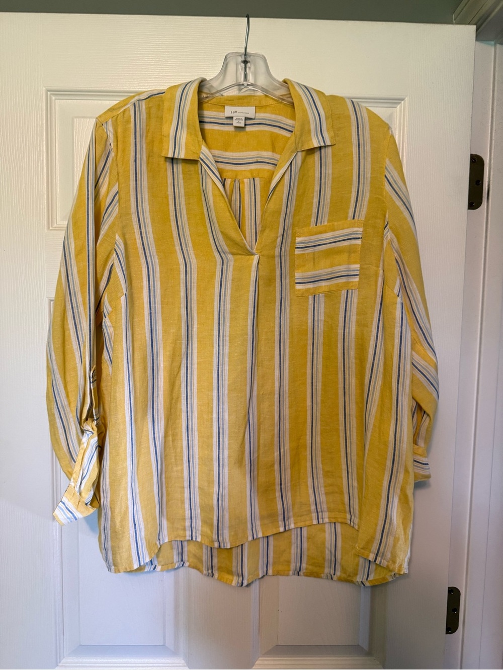 J. Jill Love Linen Yellow and White Striped V-Neck Tunic with Blue Accents